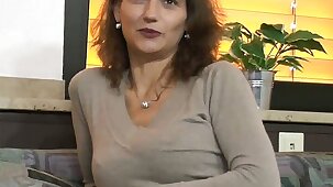 Happy with an increment of smiling sexy brunette german milf gets more with an increment of dildoes her pussy while she strokes her small tits