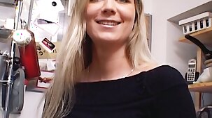 Outstanding German MILF with huge boobs dildoing her shaved flip one's lid b explode all over be transferred to kitchen